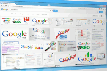 Google search results and SEO-related graphics displayed on a computer screen