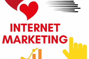 Animated graphic of a hand pointing upward with the text "Internet Marketing" and two hearts above it.
