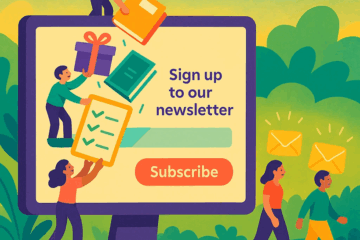 Illustration of people adding freebies like ebooks and checklists into a signup form, representing list building.