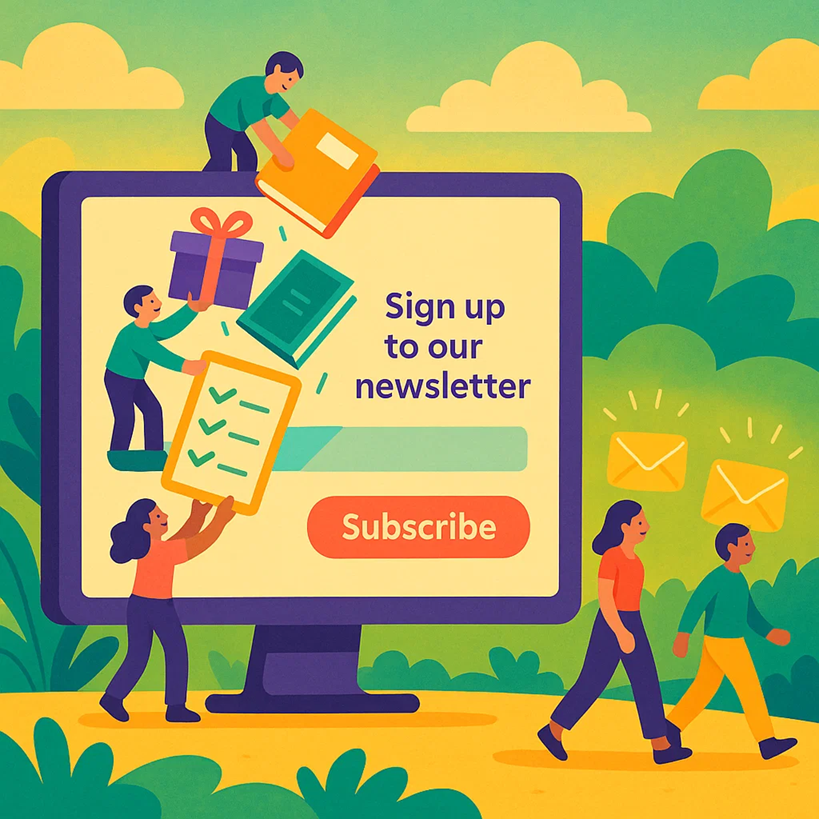 Illustration of people adding freebies like ebooks and checklists into a signup form, representing list building.