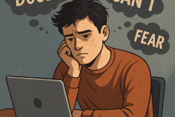 Man struggling with doubt and fear while blogging on a laptop