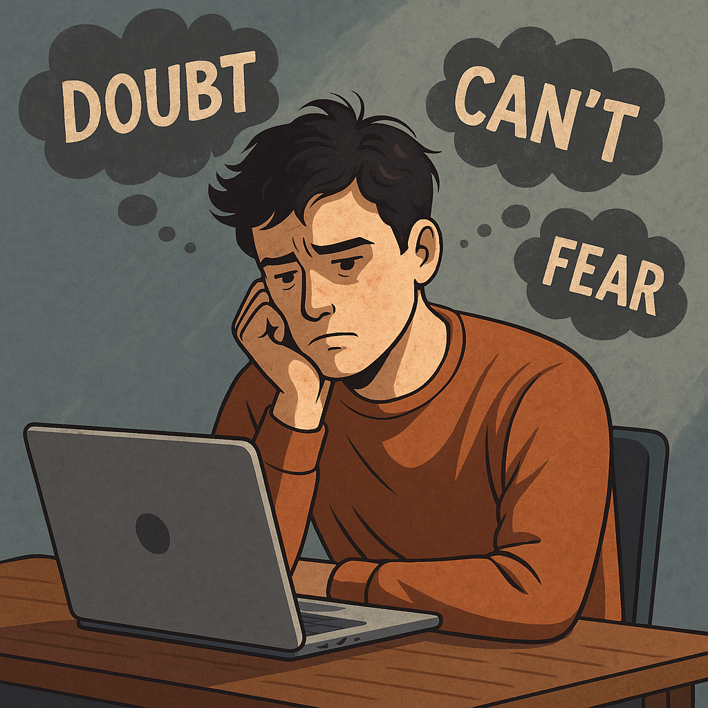 Man struggling with doubt and fear while blogging on a laptop
