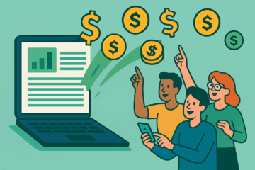Illustration of people excitedly pointing at money symbols coming from a laptop, symbolizing income from online content.