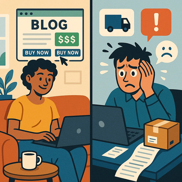 Illustration comparing affiliate marketing and dropshipping. One person relaxed while earning through blogging, another stressed handling packages and customer issues.