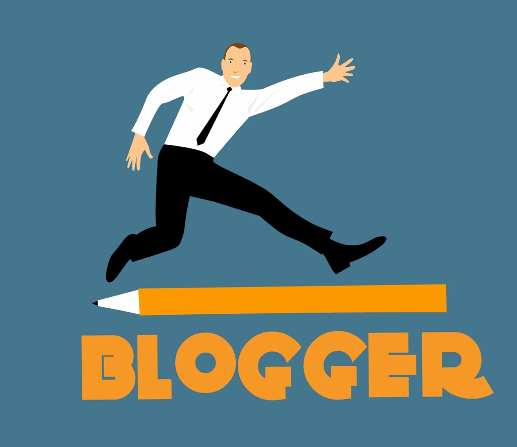 Cartoon businessman jumping over a pencil labeled “BLOGGER” representing blogging success