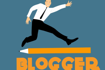Cartoon businessman jumping over a pencil labeled “BLOGGER” representing blogging success