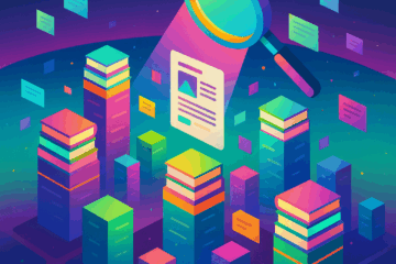 Illustration of colorful stacks of digital blogs with a magnifying glass highlighting one post, symbolizing SEO and Google ranking.