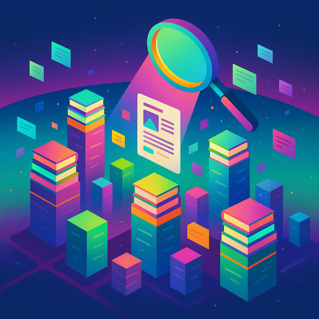 Illustration of colorful stacks of digital blogs with a magnifying glass highlighting one post, symbolizing SEO and Google ranking.