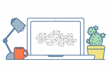 Laptop screen displaying flying email icons with surrounding desk items like lamp, coffee mug, and cactus.