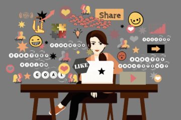 Illustration of female entrepreneur using a laptop surrounded by icons like strategy, planning, and social media elements.