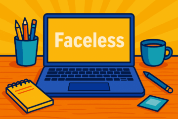 Digital illustration of a vibrant desk with a laptop showing the word “Faceless,” surrounded by stationery items, symbolizing faceless affiliate marketing.