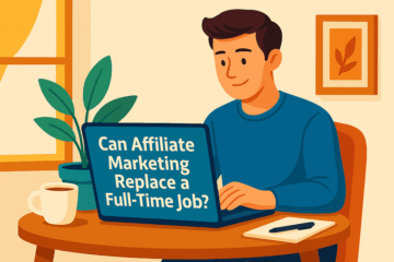 A person working remotely on a laptop at a coffee shop, symbolizing the freedom of replacing a full-time job with affiliate marketing