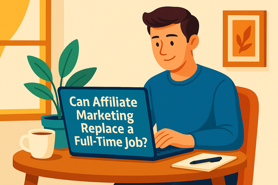 A person working remotely on a laptop at a coffee shop, symbolizing the freedom of replacing a full-time job with affiliate marketing.