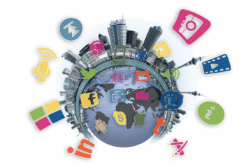 Globe surrounded by colorful social media and digital marketing icons