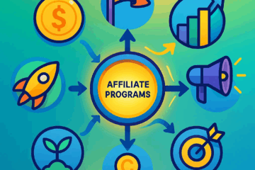 Illustration of affiliate programs with icons representing growth, money, and success.