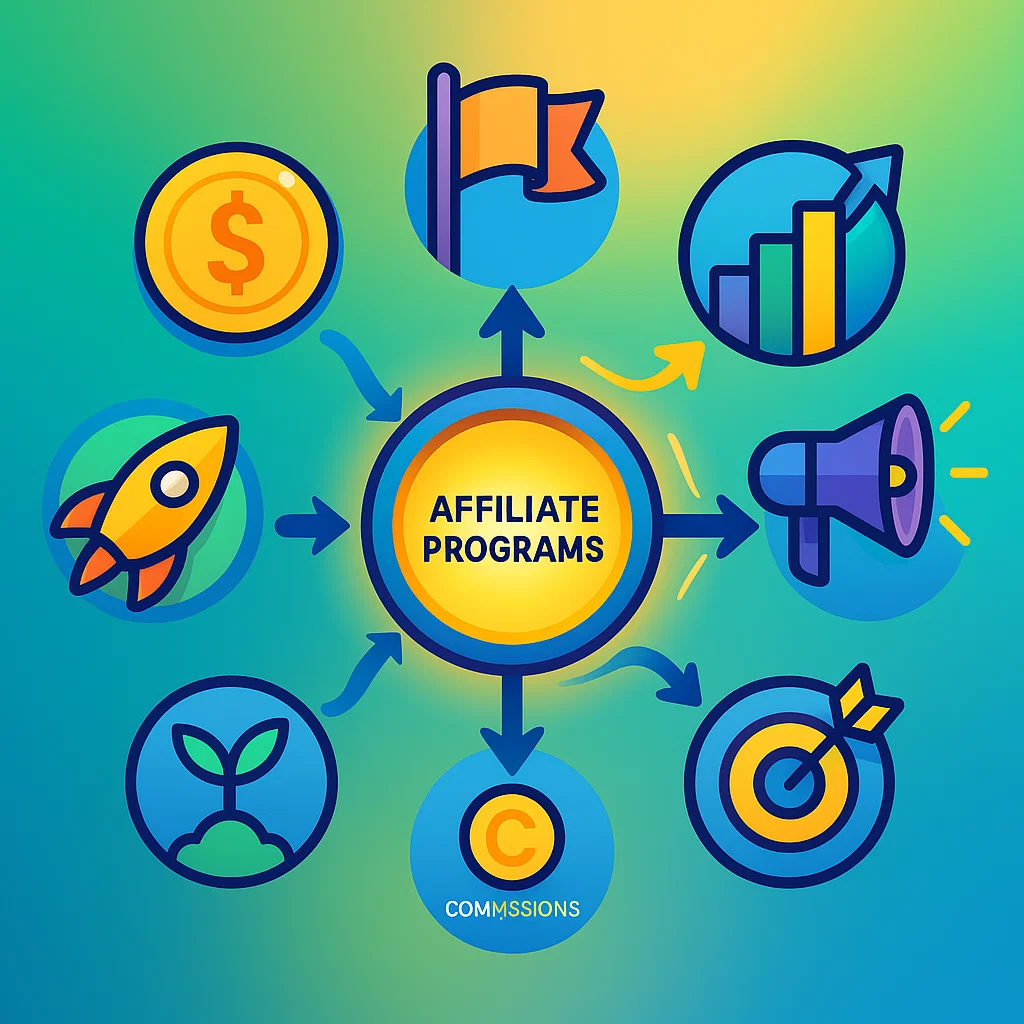 Illustration of affiliate programs with icons representing growth, money, and success.