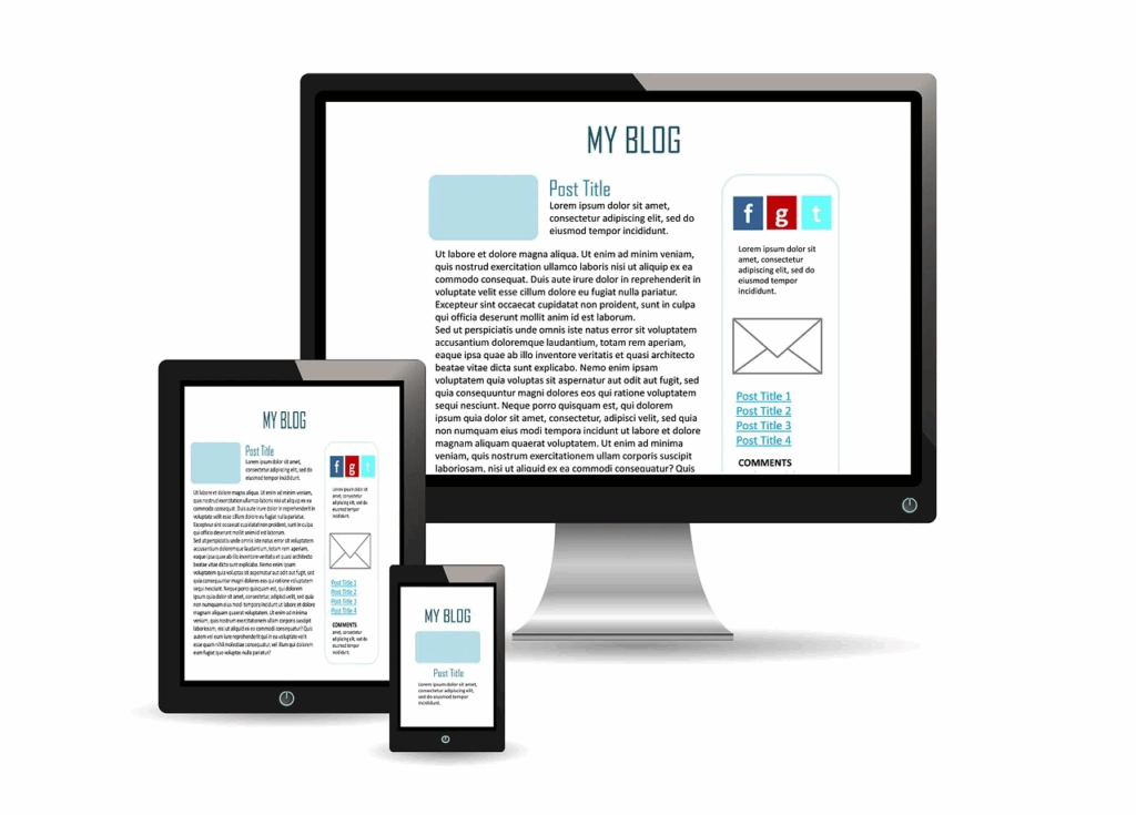 Computer, tablet, and smartphone displaying a blog layout, representing blog promotion on multiple devices.
