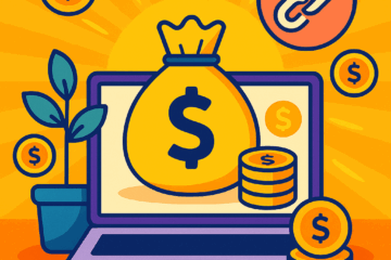 Bright illustration of a laptop with a money bag and coins symbolizing passive income from affiliate links.