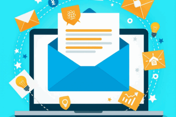 Digital illustration of a laptop with flying email icons, representing email marketing and subject line optimization.