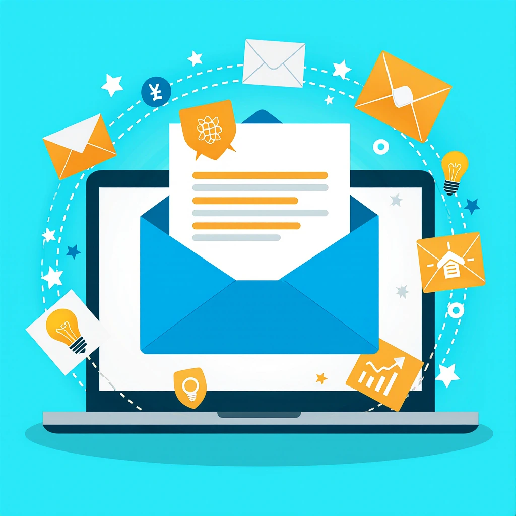 Digital illustration of a laptop with flying email icons, representing email marketing and subject line optimization.