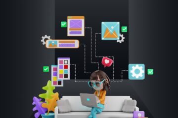 3D illustration of a young woman on a laptop surrounded by icons of websites, charts, and email tools, symbolizing online business and affiliate marketing.