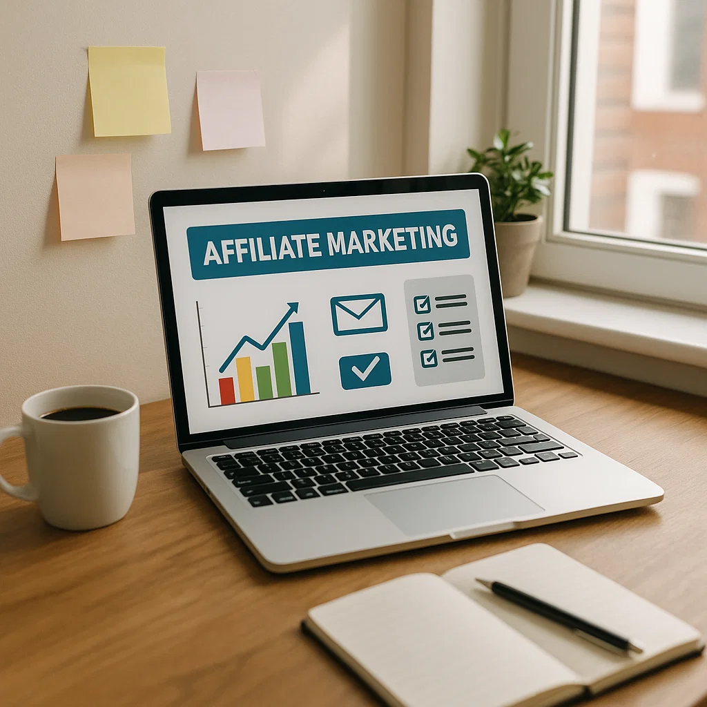 Laptop showing affiliate marketing dashboard with graphs, checklist icons, and coffee cup on a desk.
