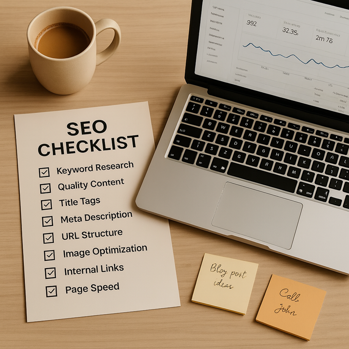 SEO checklist with laptop and coffee cup on a desk