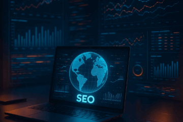 Laptop screen with glowing SEO globe and futuristic data charts, symbolizing AI-driven SEO and marketing strategies in 2025.