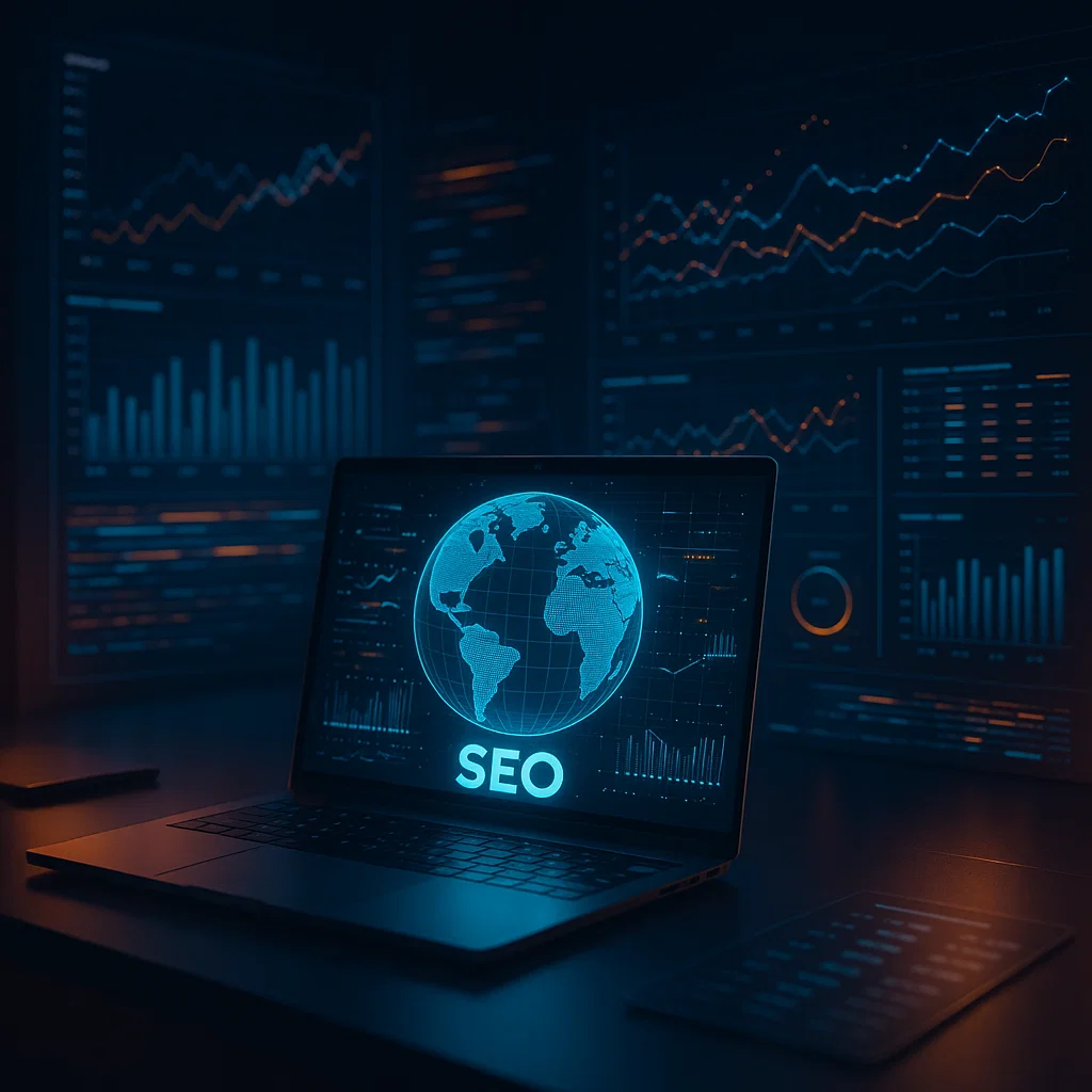Laptop screen with glowing SEO globe and futuristic data charts, symbolizing AI-driven SEO and marketing strategies in 2025.