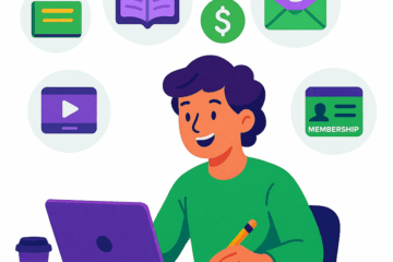 Blogger working on monetization strategies beyond ads with icons for membership, affiliate marketing, courses, and digital products.