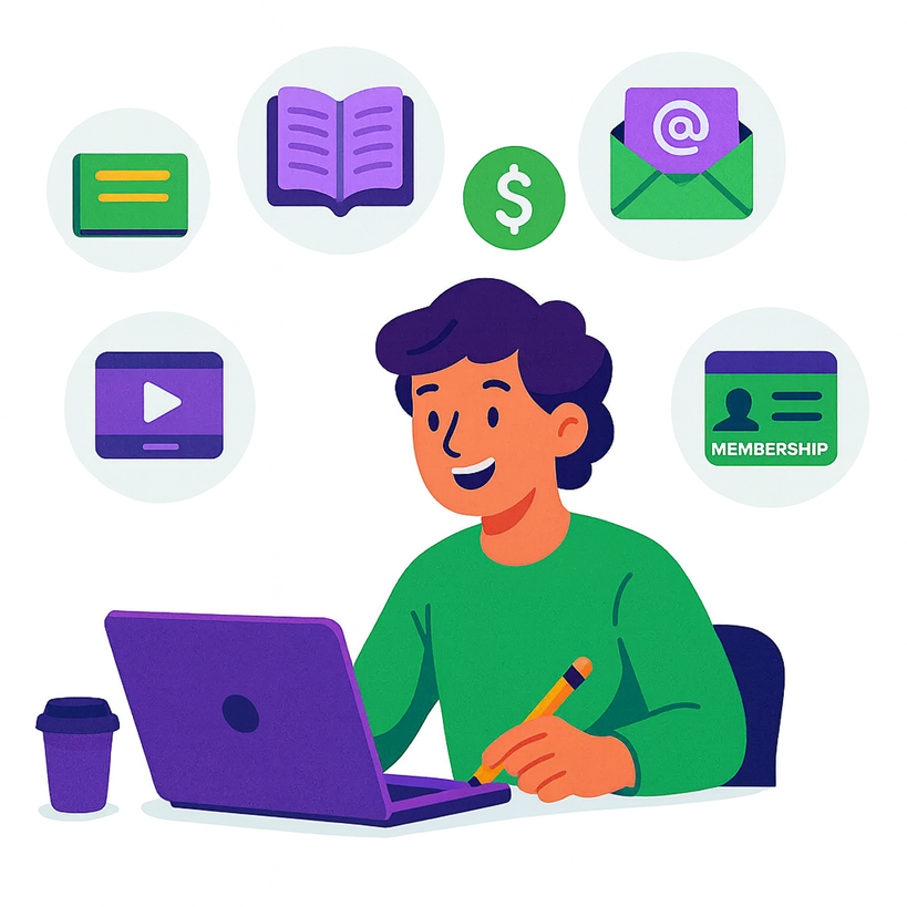 Blogger working on monetization strategies beyond ads with icons for membership, affiliate marketing, courses, and digital products.