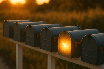 A row of mailboxes at sunset, with one glowing to symbolize an email being delivered.