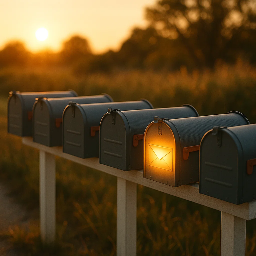 A row of mailboxes at sunset, with one glowing to symbolize an email being delivered.