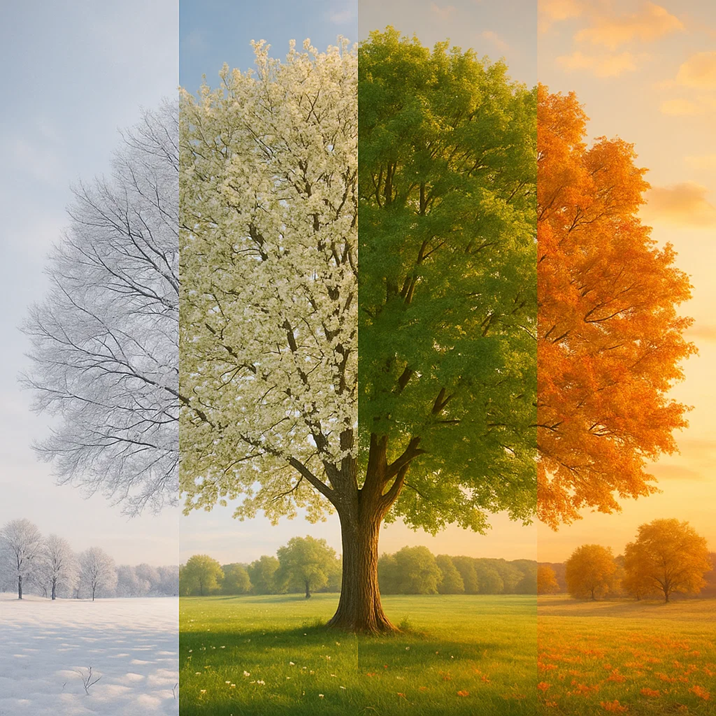 A tree shown through all four seasons, symbolizing evergreen content staying relevant over time.
