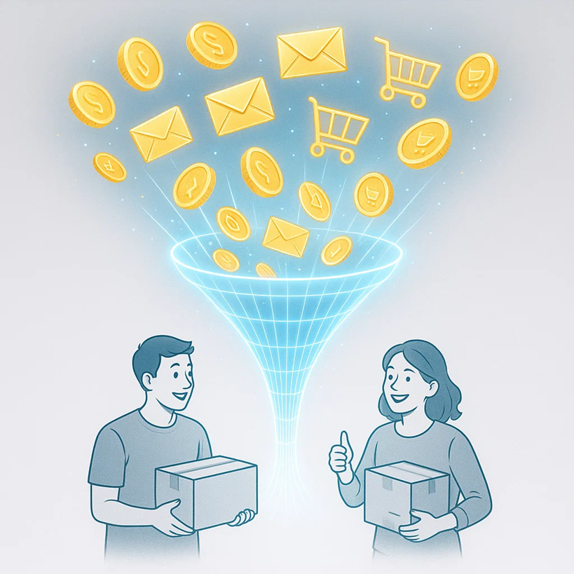 Illustration of affiliate funnels with digital icons like emails, coins, and carts flowing into a funnel.
