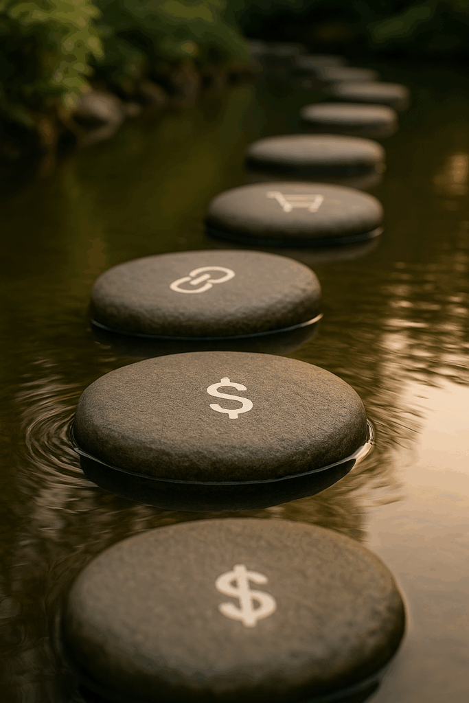 Stepping stones across a calm pond with subtle icons like dollar signs, shopping cart, and chain link, symbolizing affiliate link placement strategies.