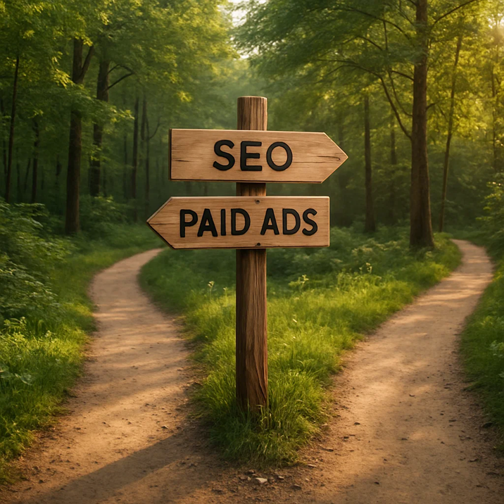 Wooden signpost in a forest with arrows pointing to "SEO" and "Paid Ads," symbolizing the choice bloggers face in building traffic.