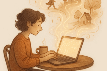 Person writing emails on a laptop with magical storytelling visuals rising into the air, symbolizing creativity and connection.