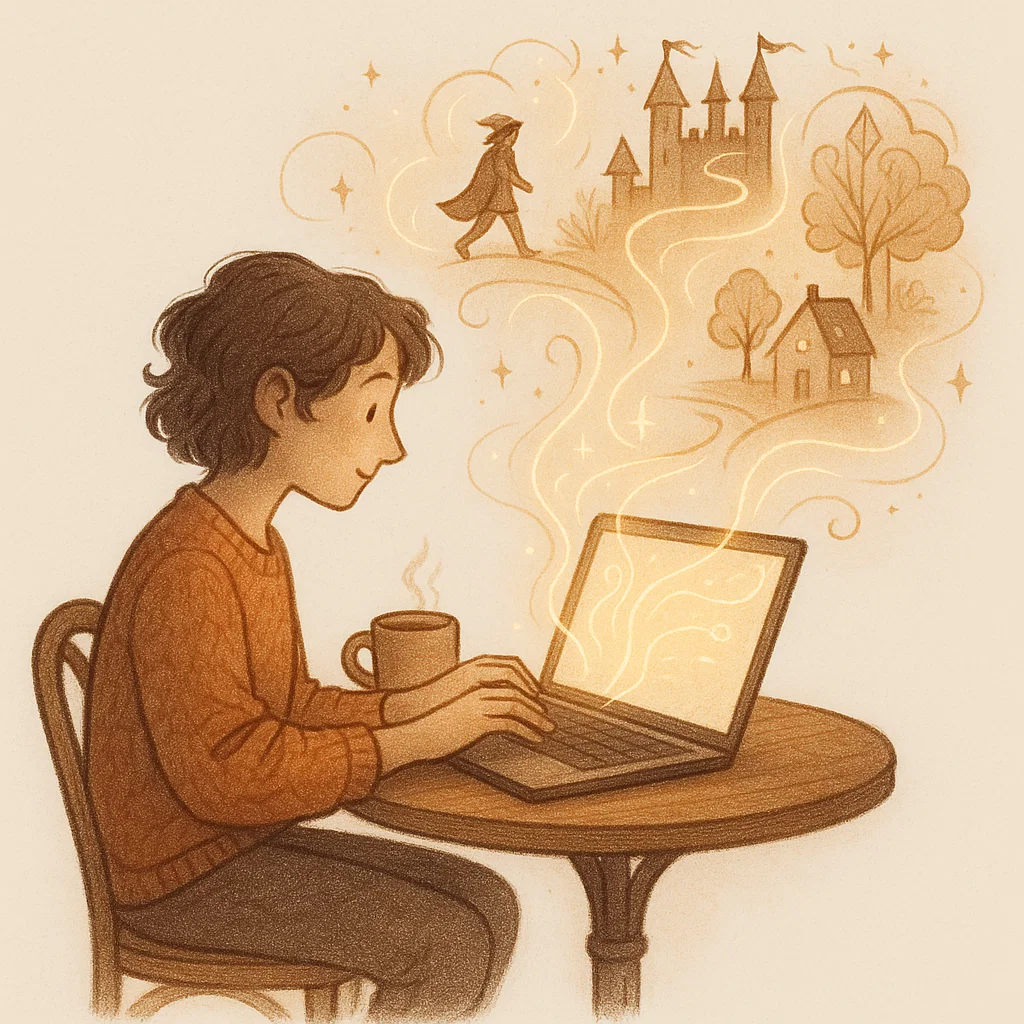 Person writing emails on a laptop with magical storytelling visuals rising into the air, symbolizing creativity and connection.