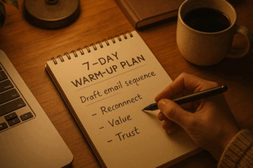 Person writing a 7-day warm-up plan in a notebook beside a cup of coffee and a laptop on a wooden desk.