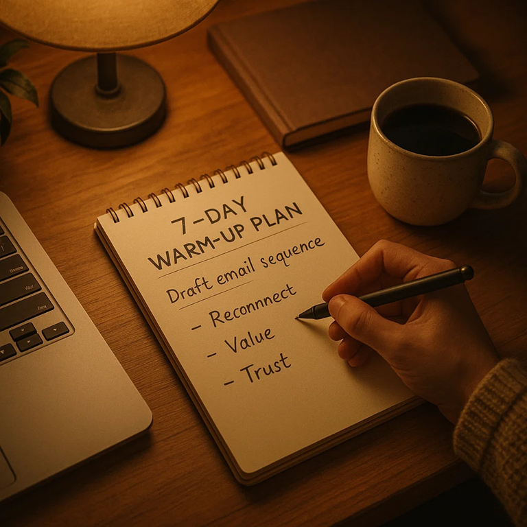 Person writing a 7-day warm-up plan in a notebook beside a cup of coffee and a laptop on a wooden desk.