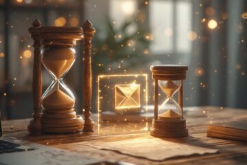 Hourglasses and glowing envelope symbol representing time saved and stronger relationships through email automation.