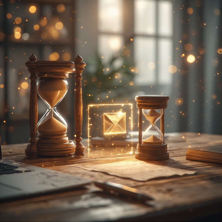 Hourglasses and glowing envelope symbol representing time saved and stronger relationships through email automation.