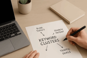 Person sketching a keyword clustering mind map on paper beside a laptop, notebook, and small plant on a tidy desk.