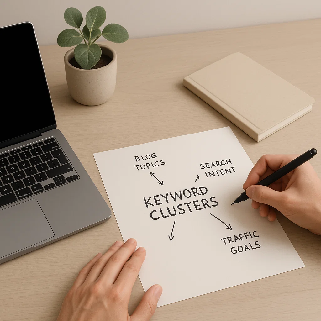 Person sketching a keyword clustering mind map on paper beside a laptop, notebook, and small plant on a tidy desk.