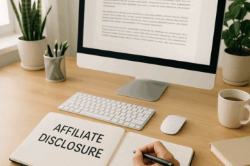 Person writing “Affiliate Disclosure” in a notebook beside a computer screen showing a blog draft.