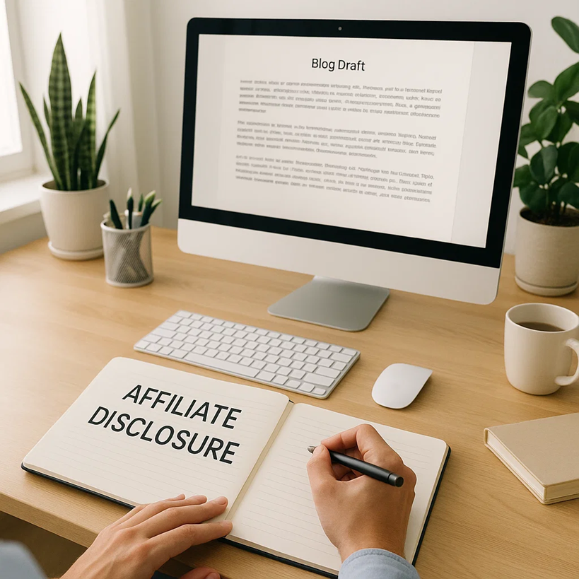 Person writing “Affiliate Disclosure” in a notebook beside a computer screen showing a blog draft.