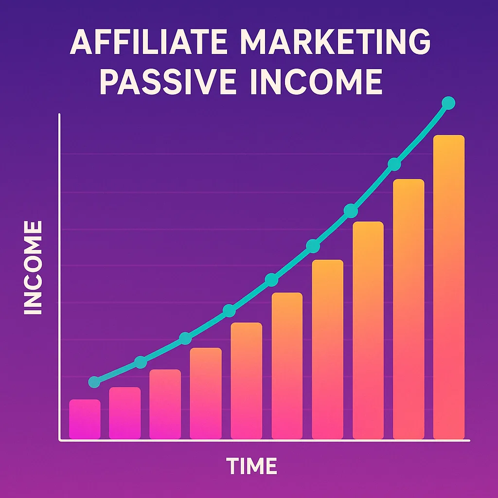 Bar chart showing rising income levels labeled “Affiliate Marketing Passive Income” over time.