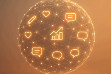Glowing digital globe with icons for analytics, communication, and blogging representing global blog data.