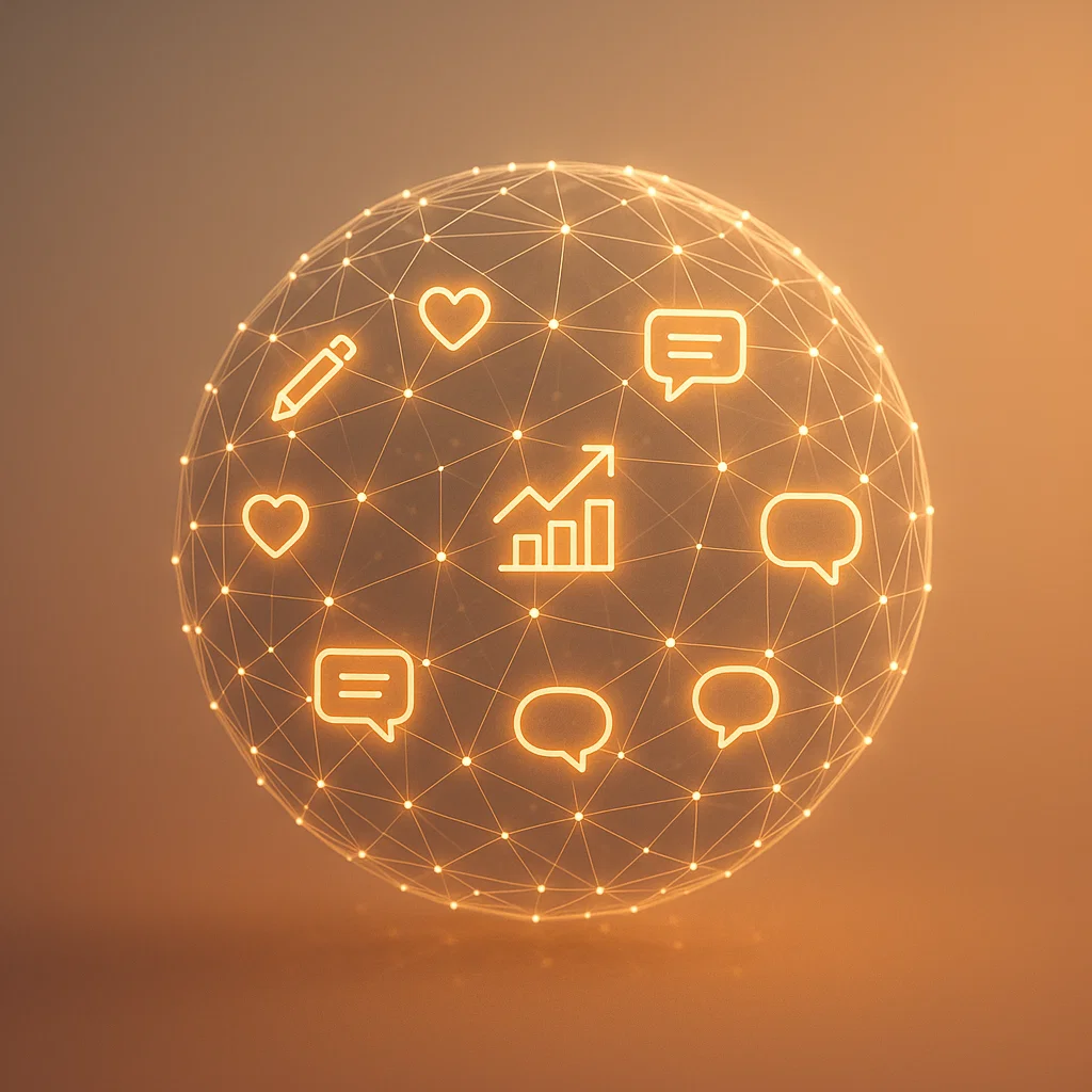 Glowing digital globe with icons for analytics, communication, and blogging representing global blog data.